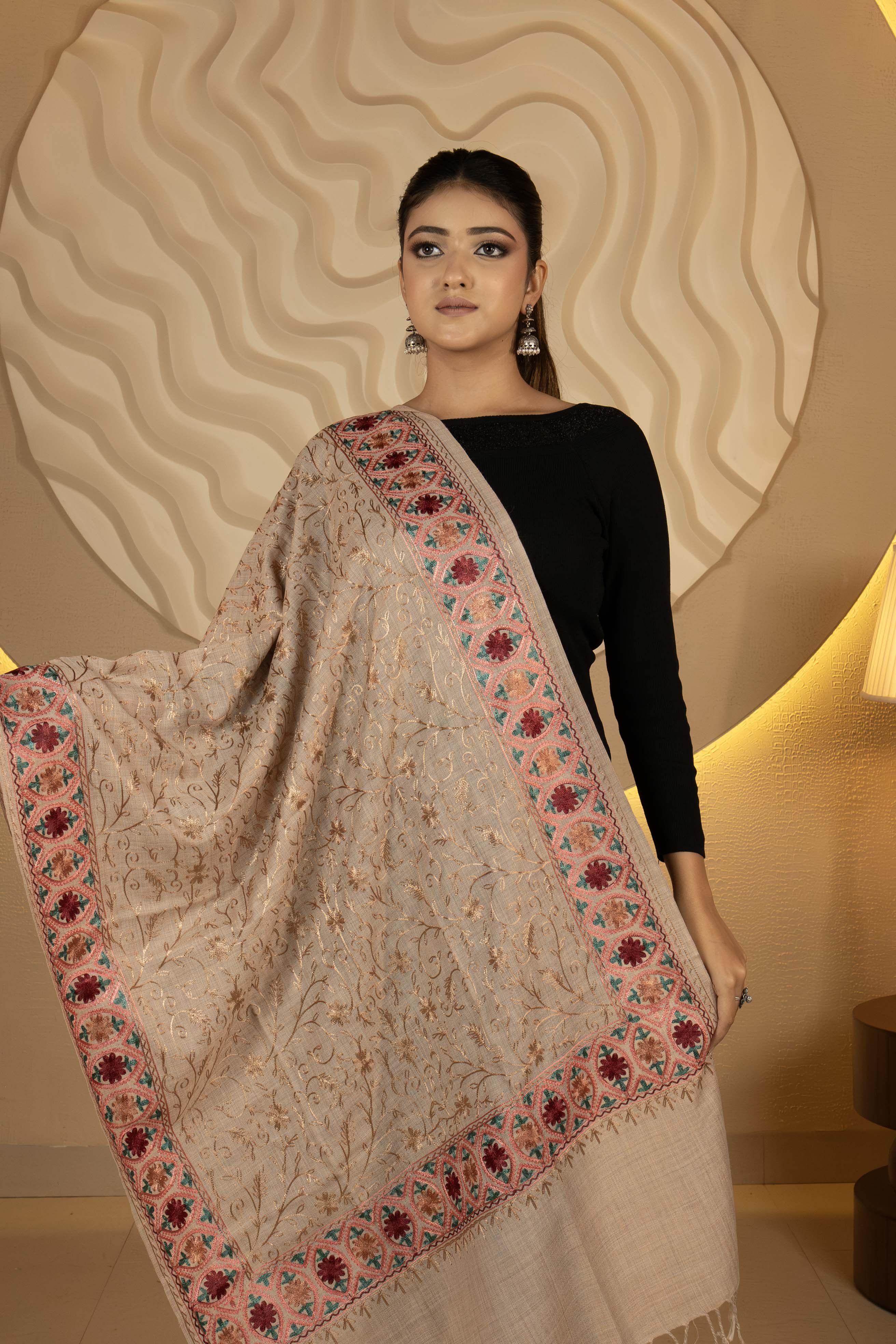 Aari Embroidered Beige Poly Wool Stole For Women